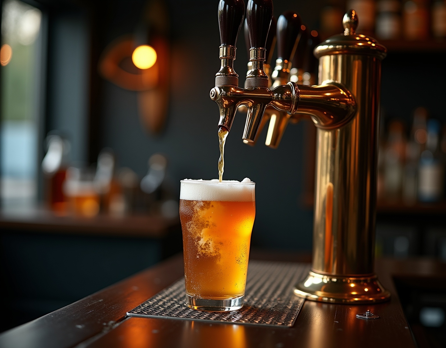 Professional beer tap system with amber beer being poured